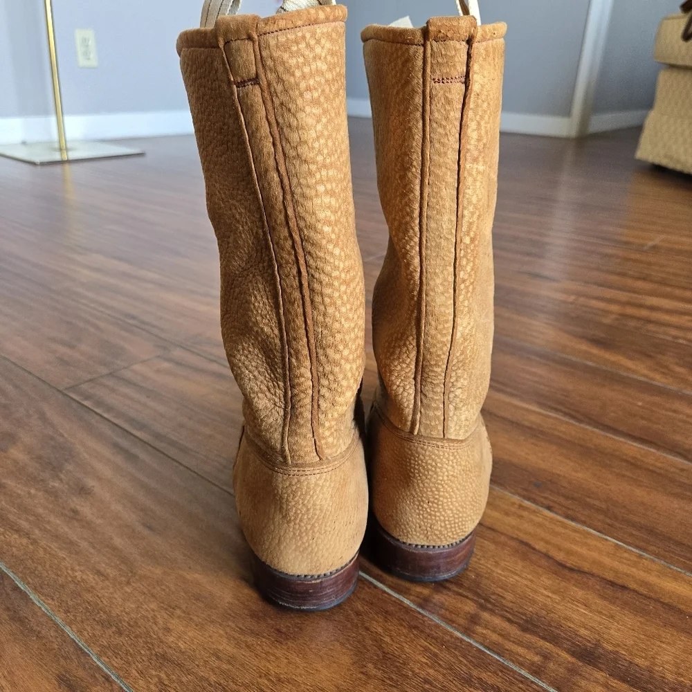 Pebbled Tan Brown Leather Roughout Suede Pull-On Western Grunge Cowboy Men Boots